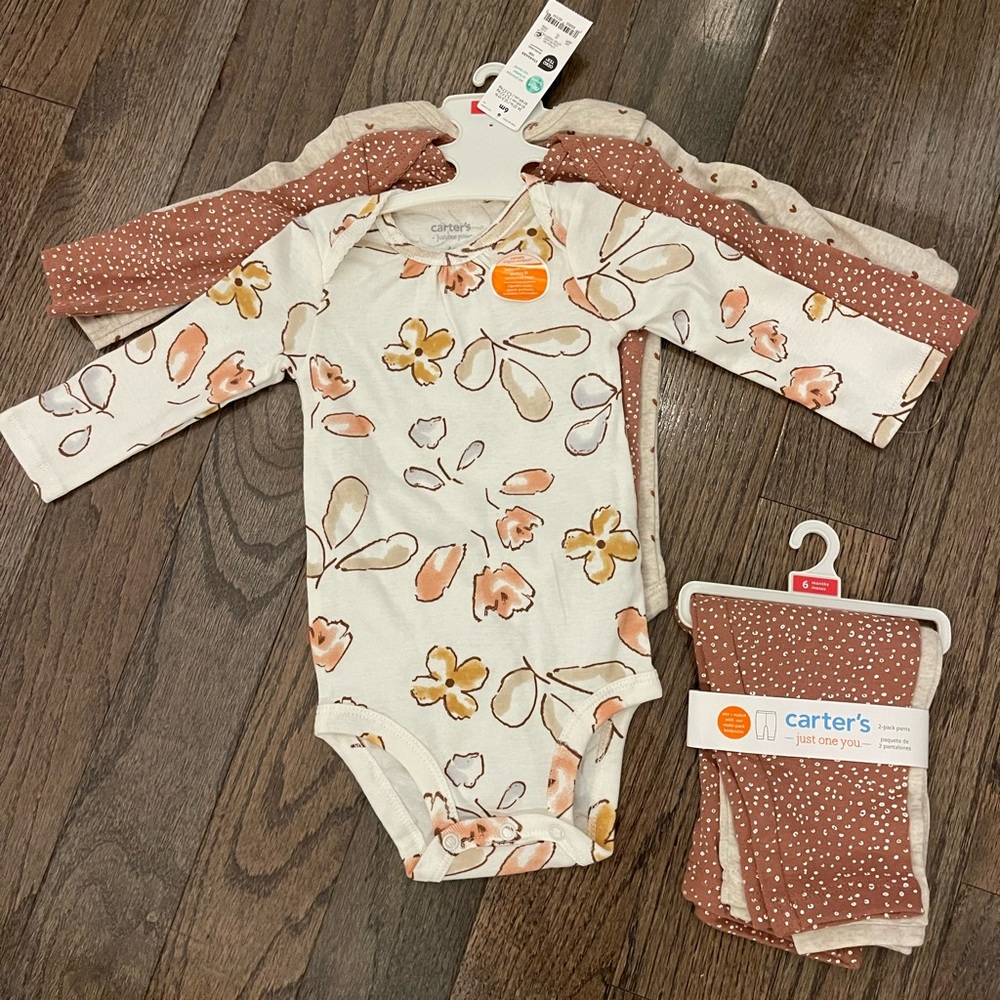 Carter's Cream and Brown Floral Long Sleeve Bodysuit Set NWT 6 months